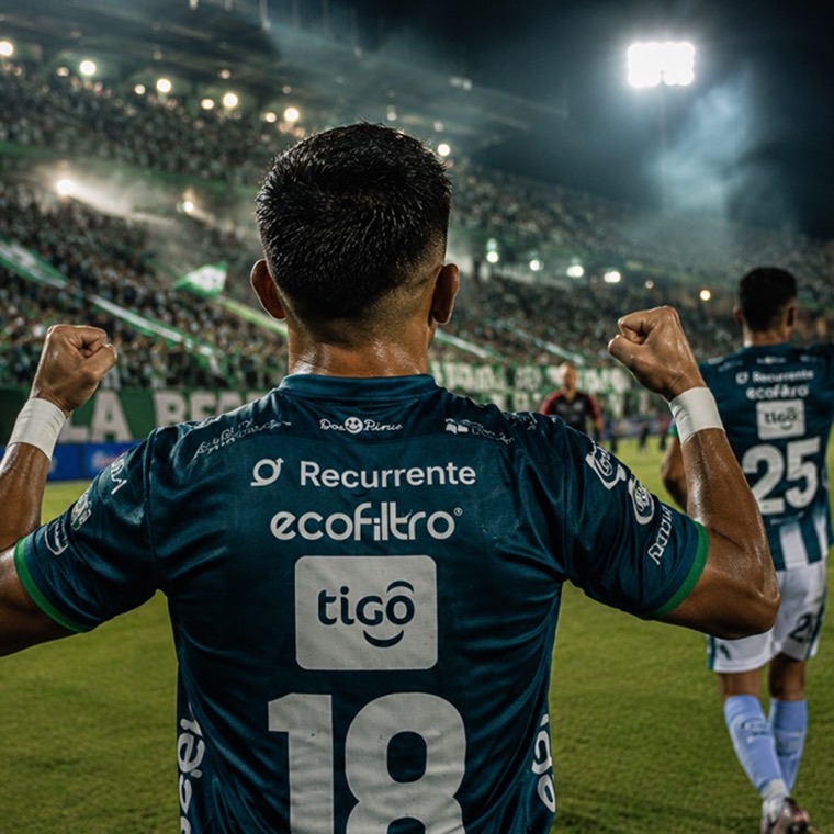 Jugador de Antigua G.F.C. celebrando, con el logo de Recurrente en la camisola