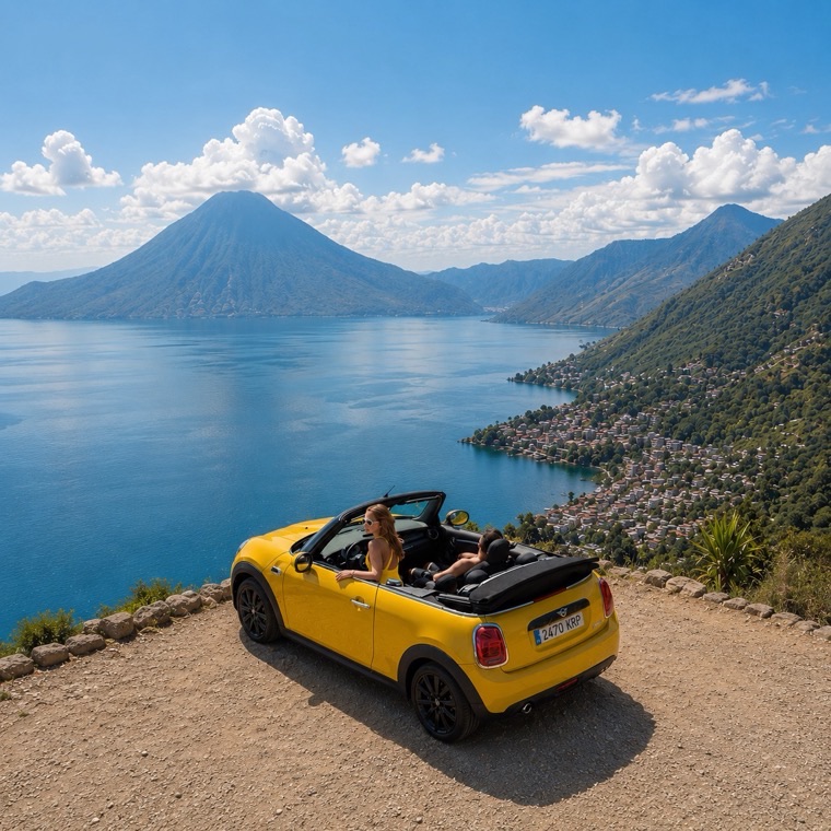 Vehículo de alquiler frente al lago de Atitlán