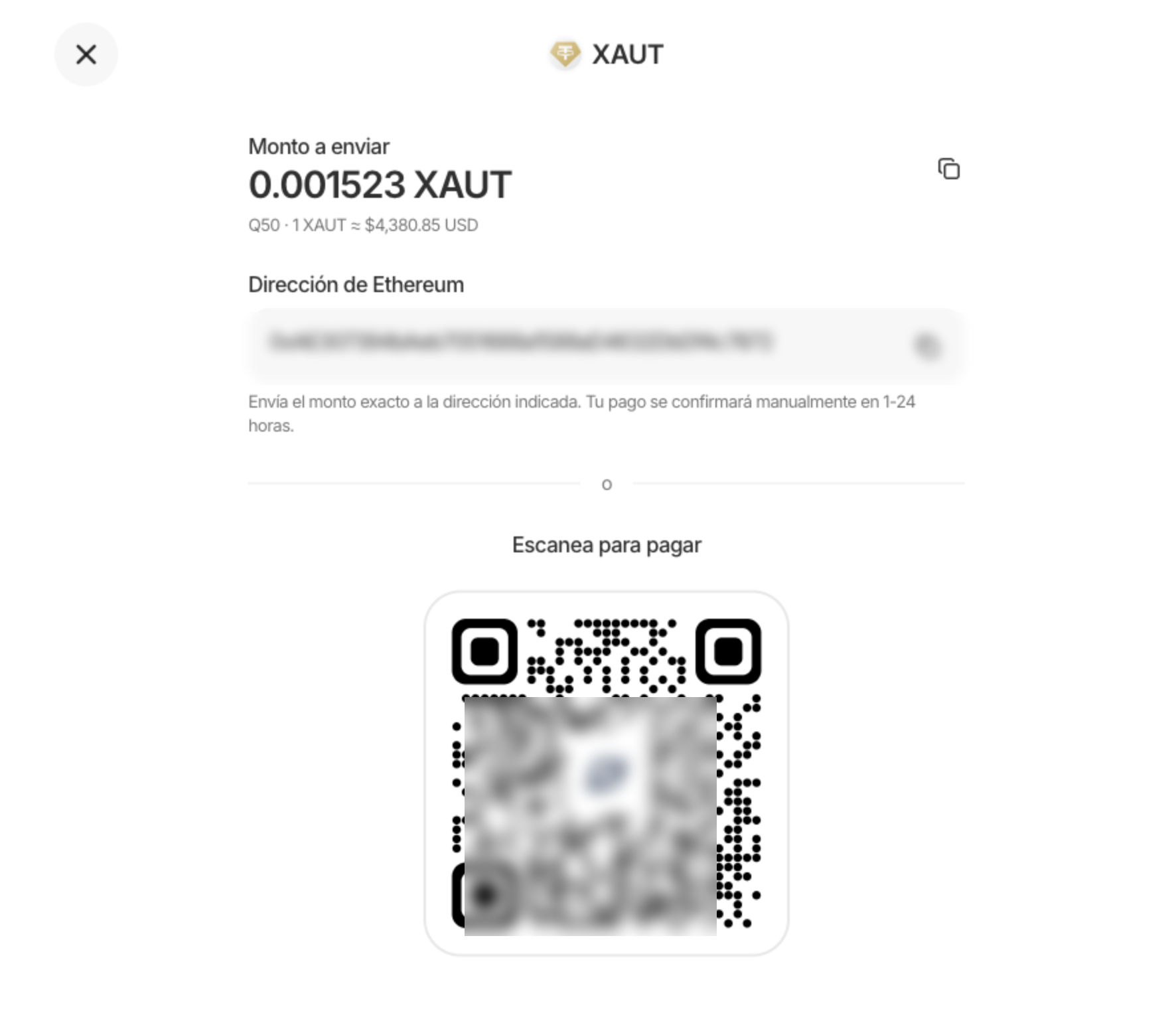 Página de pago en XAUT mostrando 0.001523 XAUT (equivalente a Q50 a la cotización en vivo del oro), dirección de Ethereum y código QR escaneable