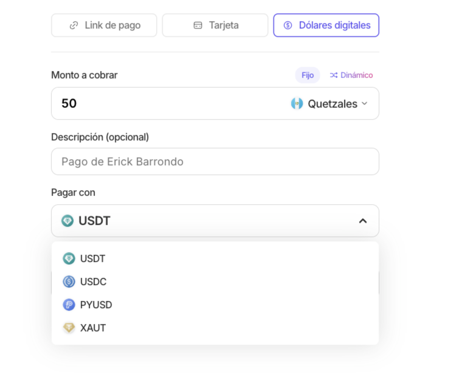 Pantalla de Cobrar con el tab Dólares digitales activo y el dropdown Pagar con mostrando USDT, USDC, PYUSD y XAUT