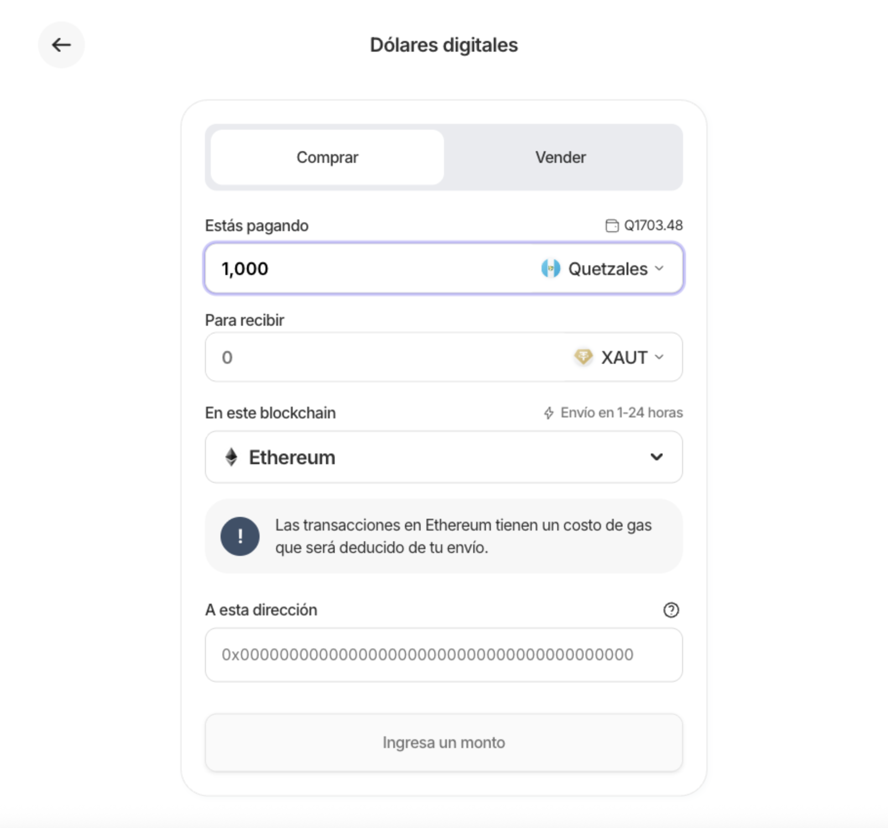 Pantalla de swap de Recurrente: Comprar/Vender con monto en quetzales, XAUT como destino, red Ethereum y campo para la dirección de wallet